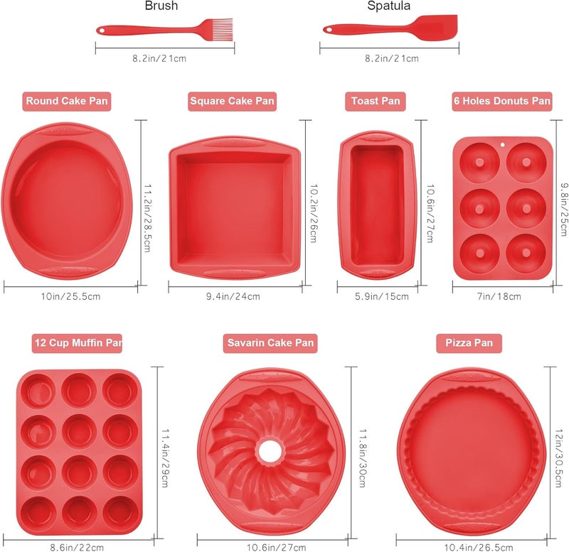 Aschef 9in1 Nonstick Silicone Baking Bundt Cake Pan Cookie Sheet Molds Tray Set for Oven, BPA Free Heat Resistant Bakeware Tools Kit for Muffin Loaf Bread Pizza Cheesecake Cupcake Pie Utensils, Red - Image 3